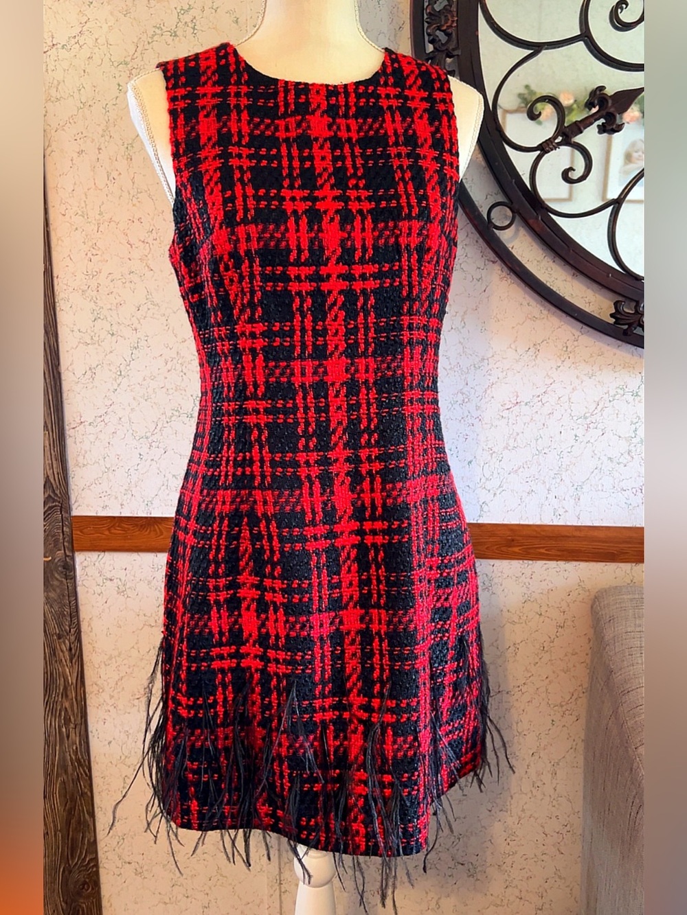 Antonio Melani Red Black Tweed Plaid Feather Trim Dress Sz 4